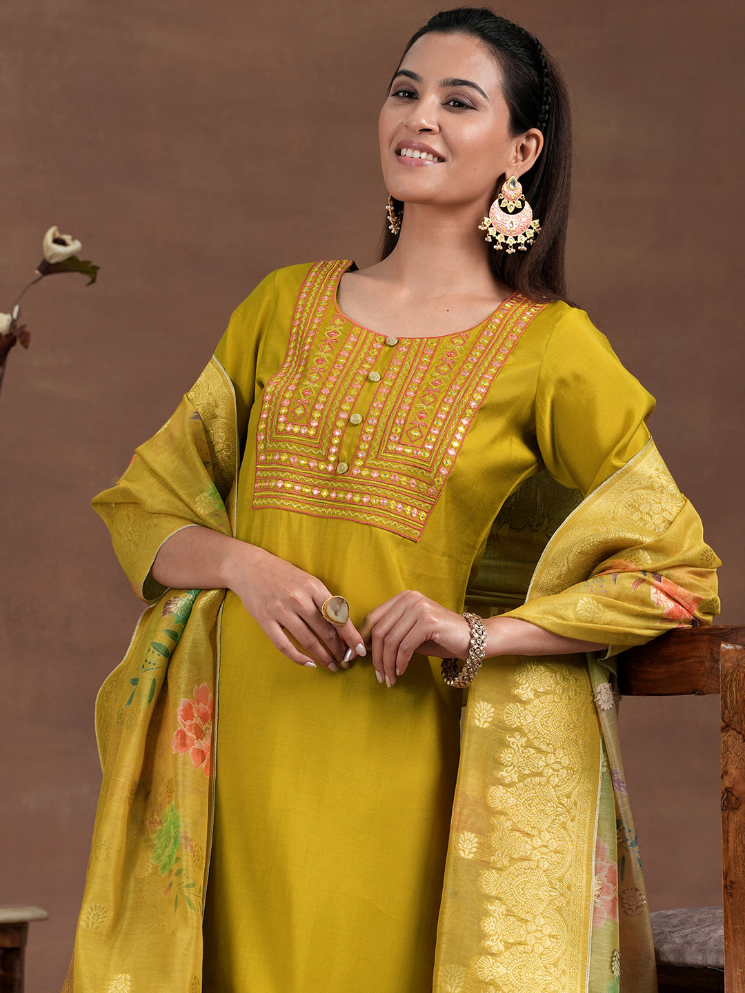 Mustard Yoke Design Silk Blend Straight Suit With Dupatta