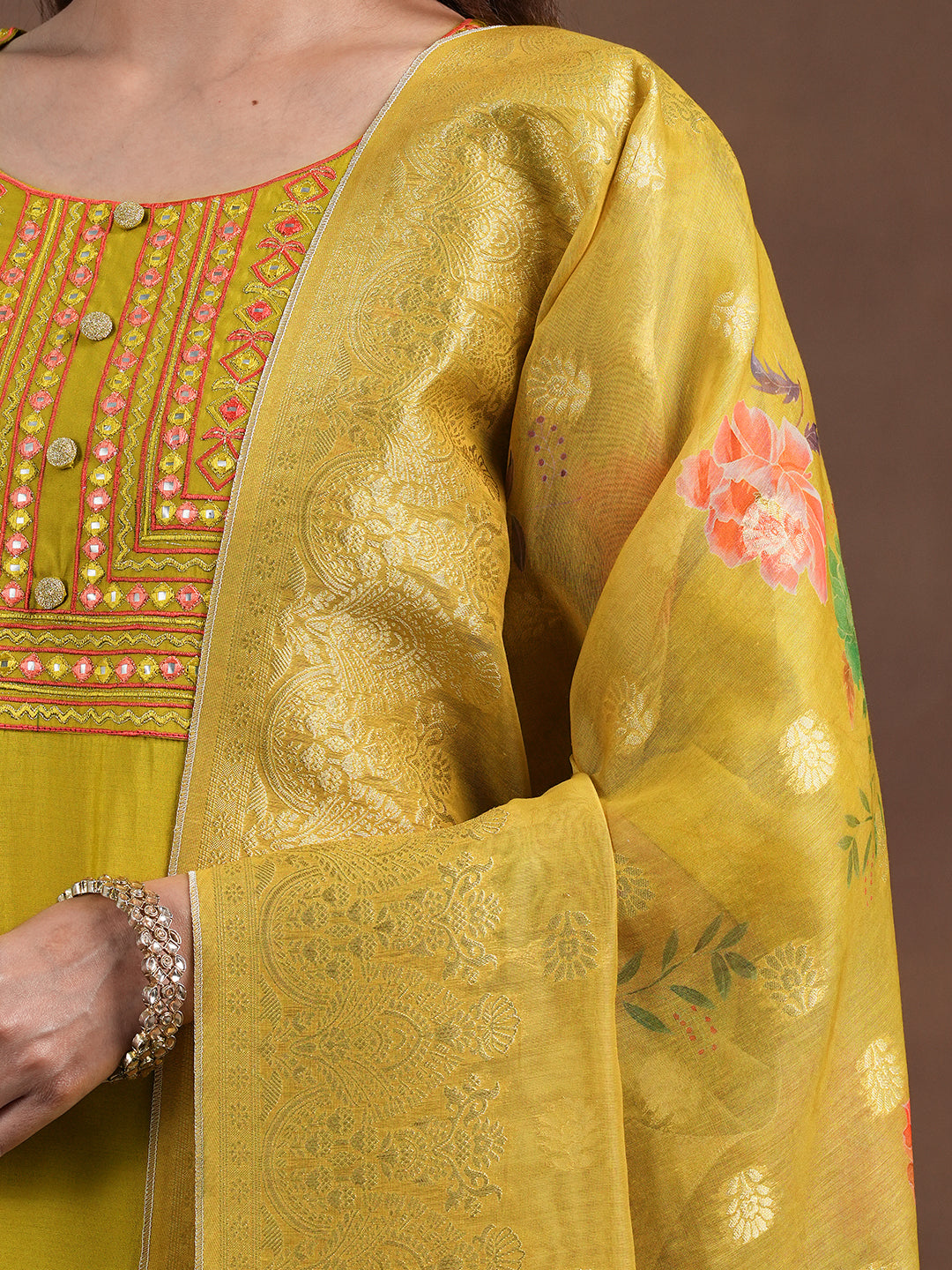 Mustard Yoke Design Silk Blend Straight Suit With Dupatta