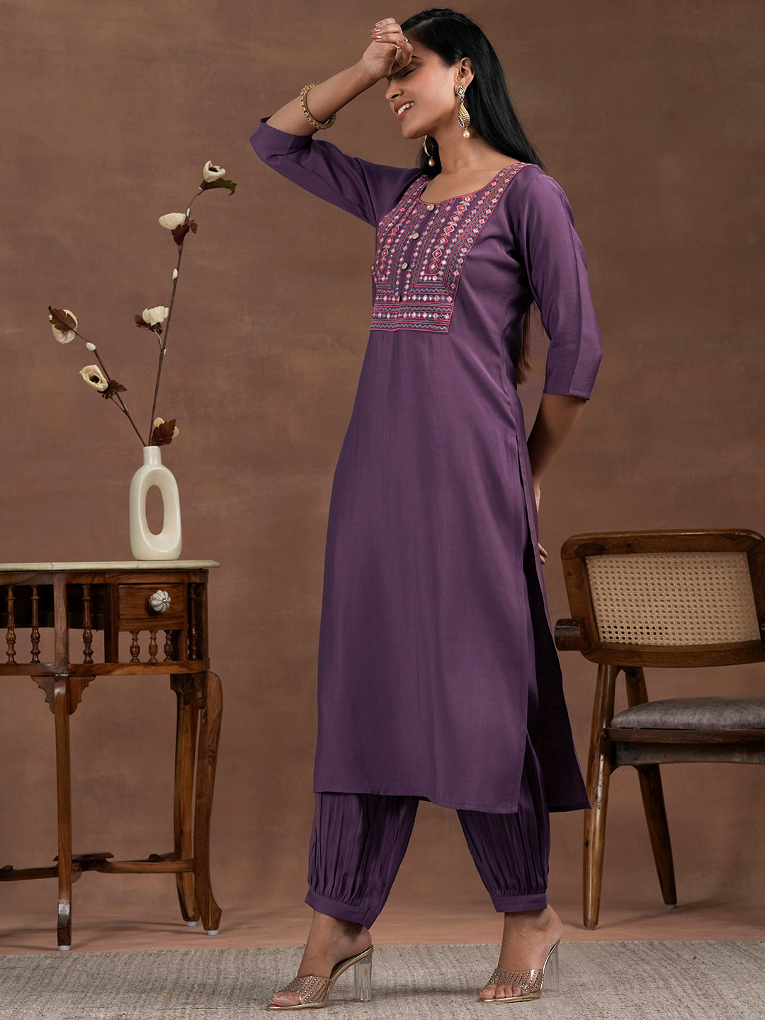 Purple Yoke Design Silk Blend Straight Suit With Dupatta