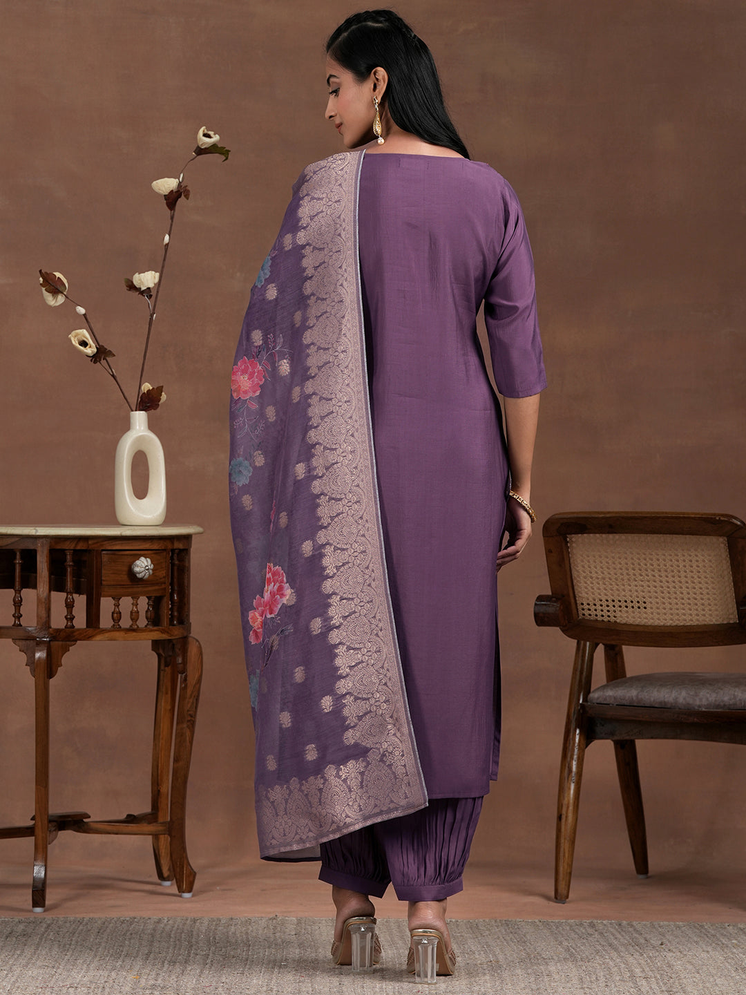 Purple Yoke Design Silk Blend Straight Suit With Dupatta