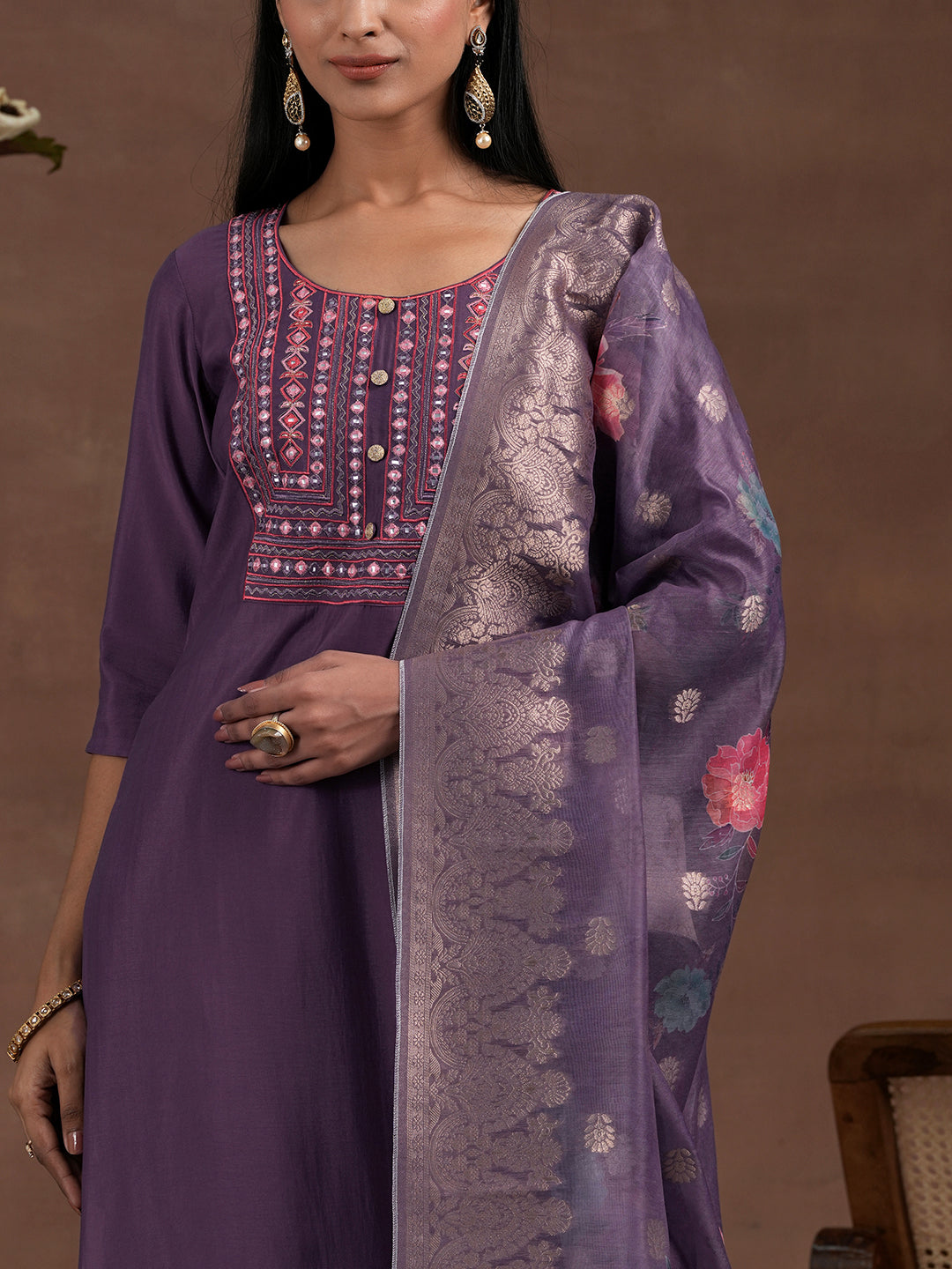 Purple Yoke Design Silk Blend Straight Suit With Dupatta