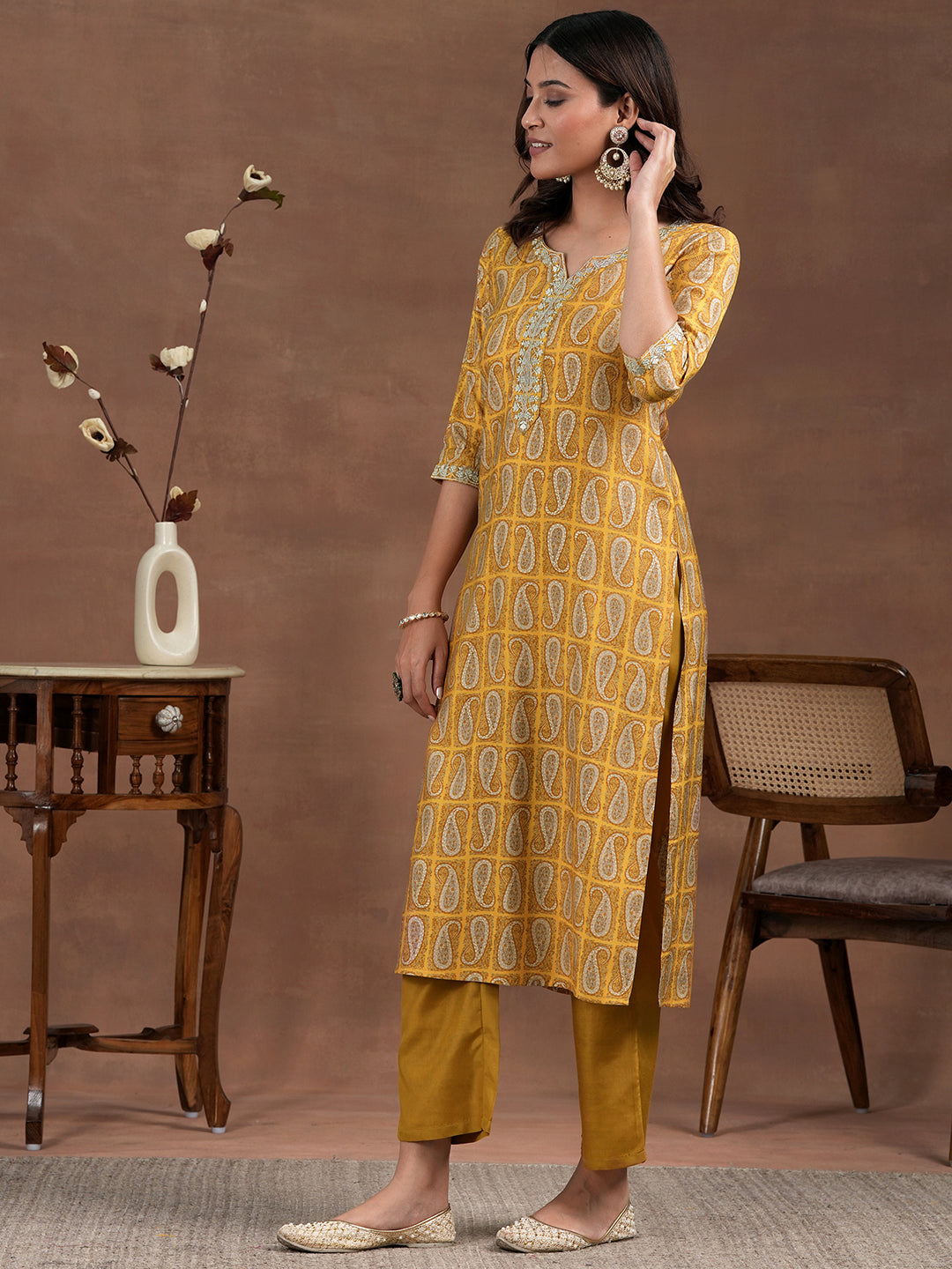 Mustard Printed Silk Blend Straight Suit With Dupatta