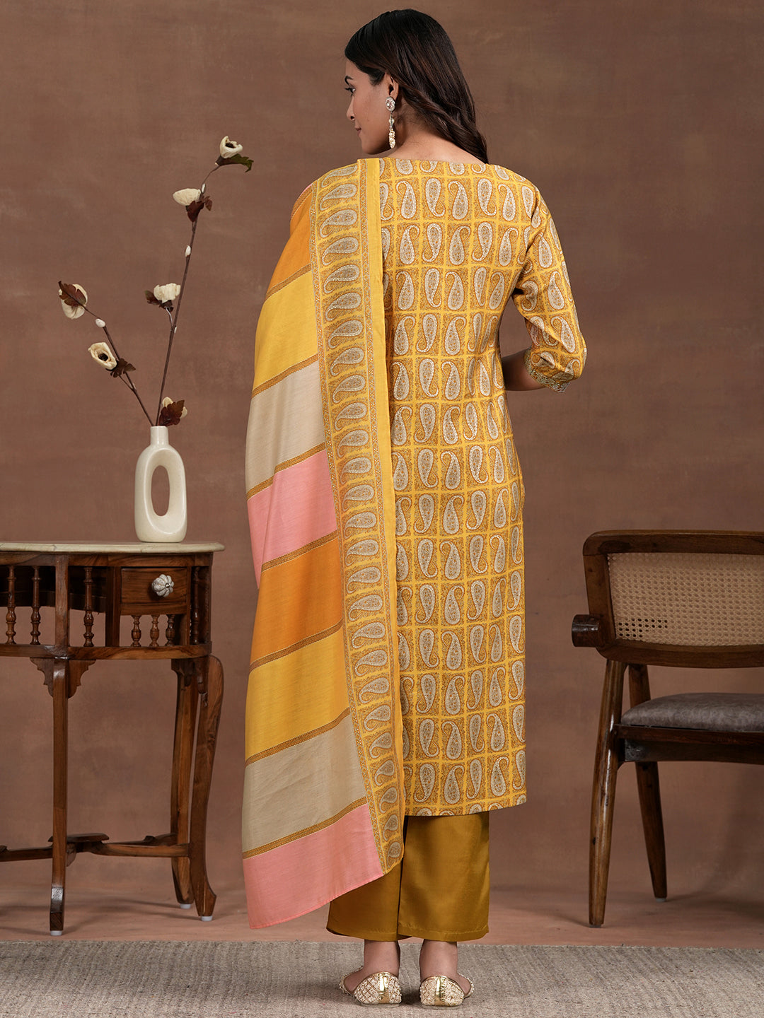 Mustard Printed Silk Blend Straight Suit With Dupatta