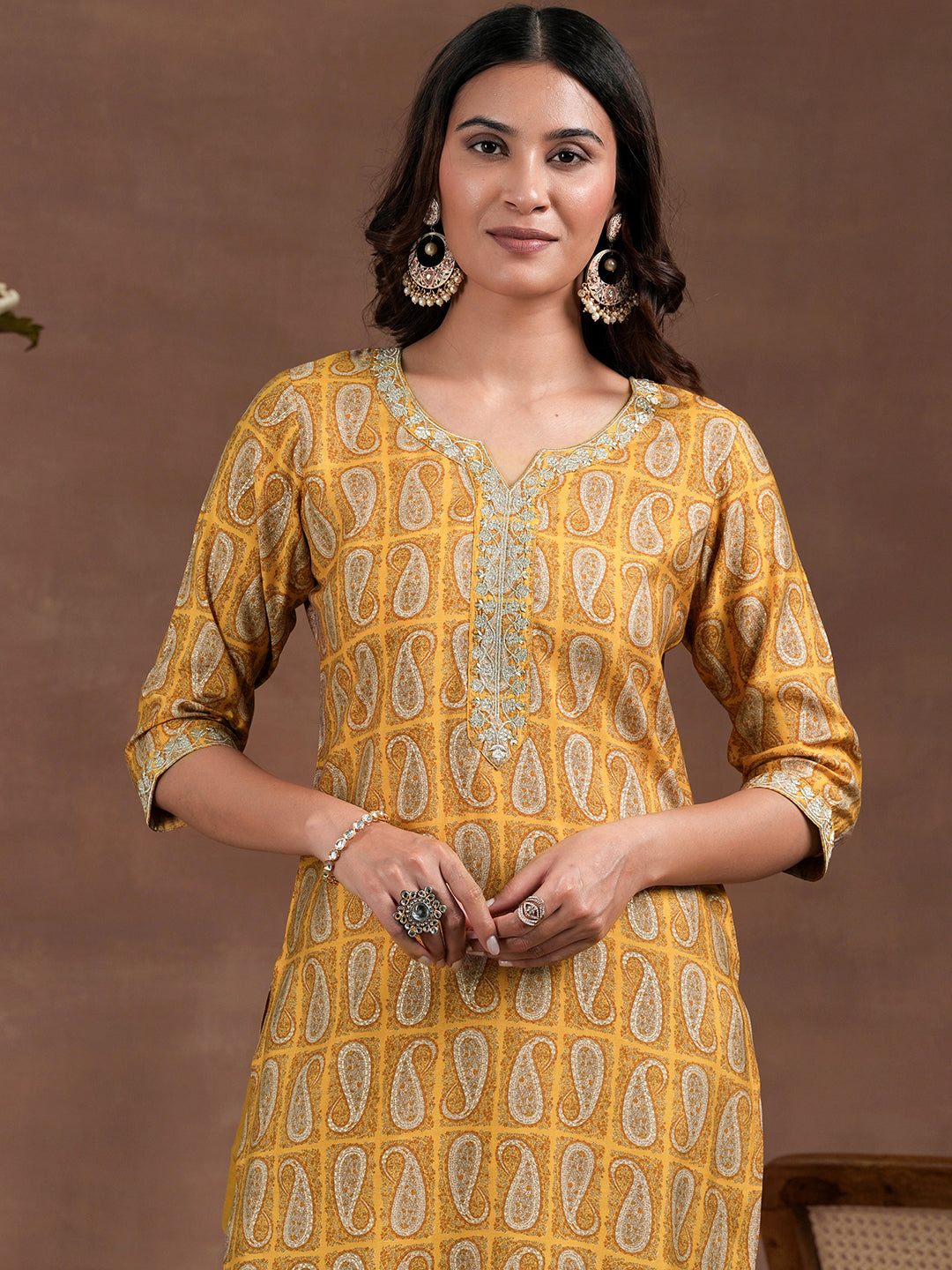 Mustard Printed Silk Blend Straight Suit With Dupatta