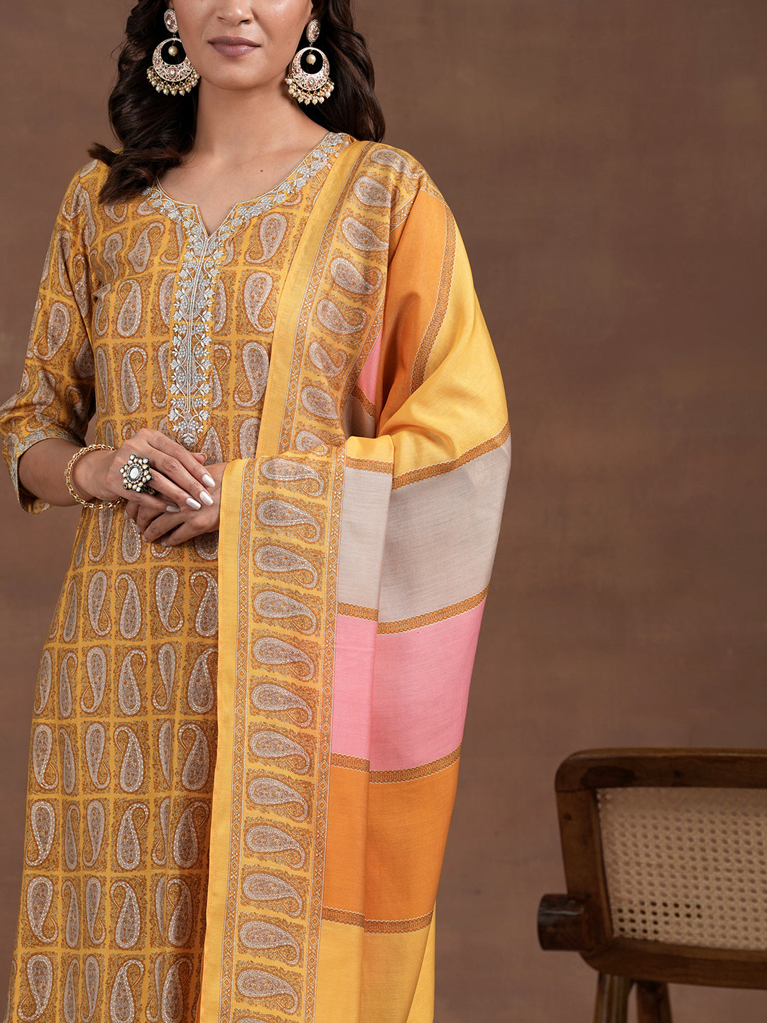 Mustard Printed Silk Blend Straight Suit With Dupatta