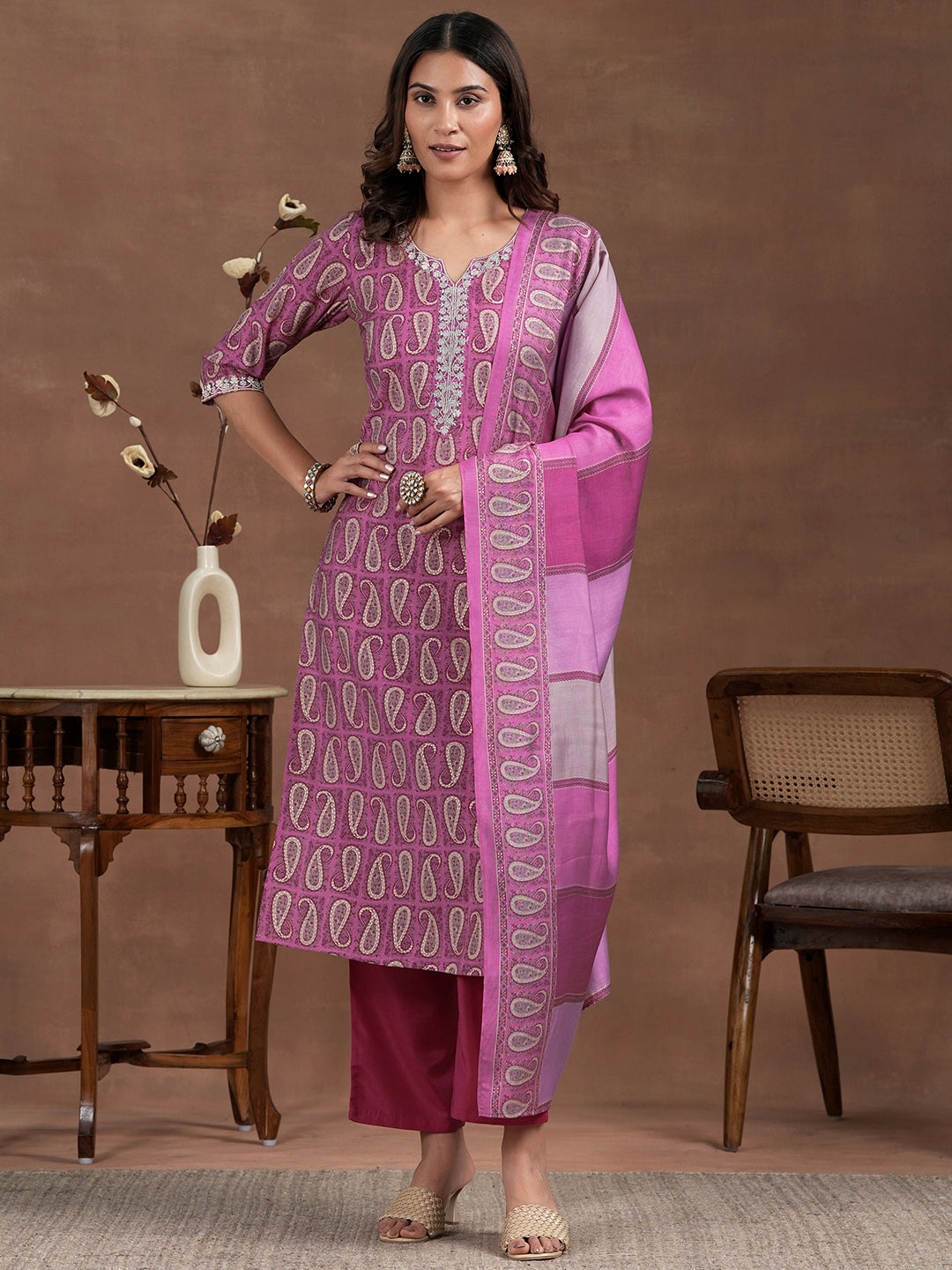 Pink Printed Silk Blend Straight Suit With Dupatta