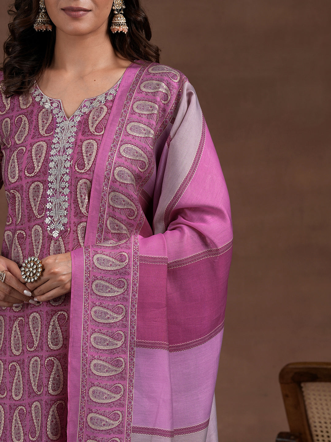 Pink Printed Silk Blend Straight Suit With Dupatta