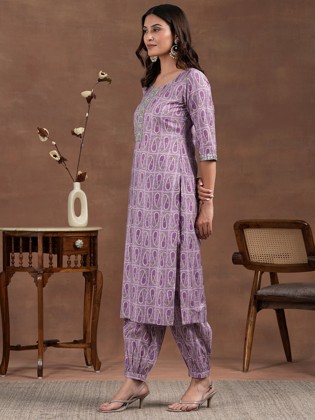 Purple Printed Silk Blend Straight Suit With Dupatta