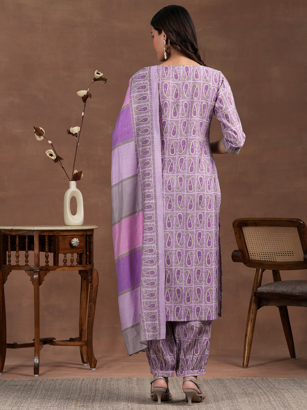 Purple Printed Silk Blend Straight Suit With Dupatta