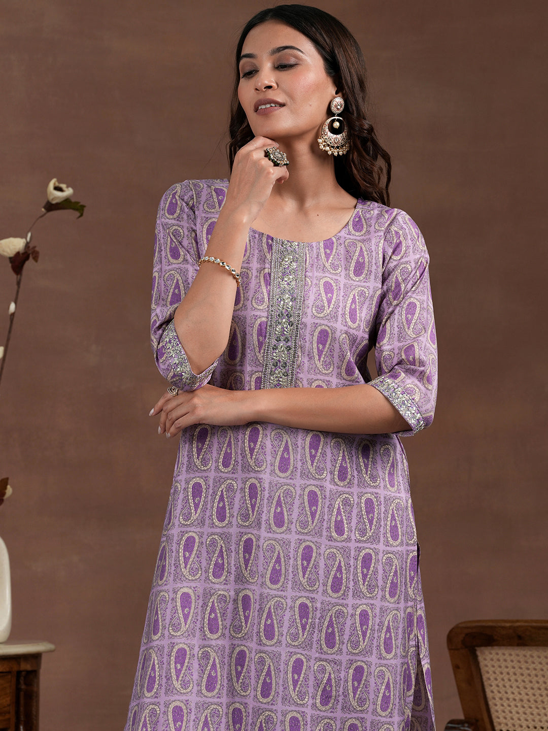 Purple Printed Silk Blend Straight Suit With Dupatta