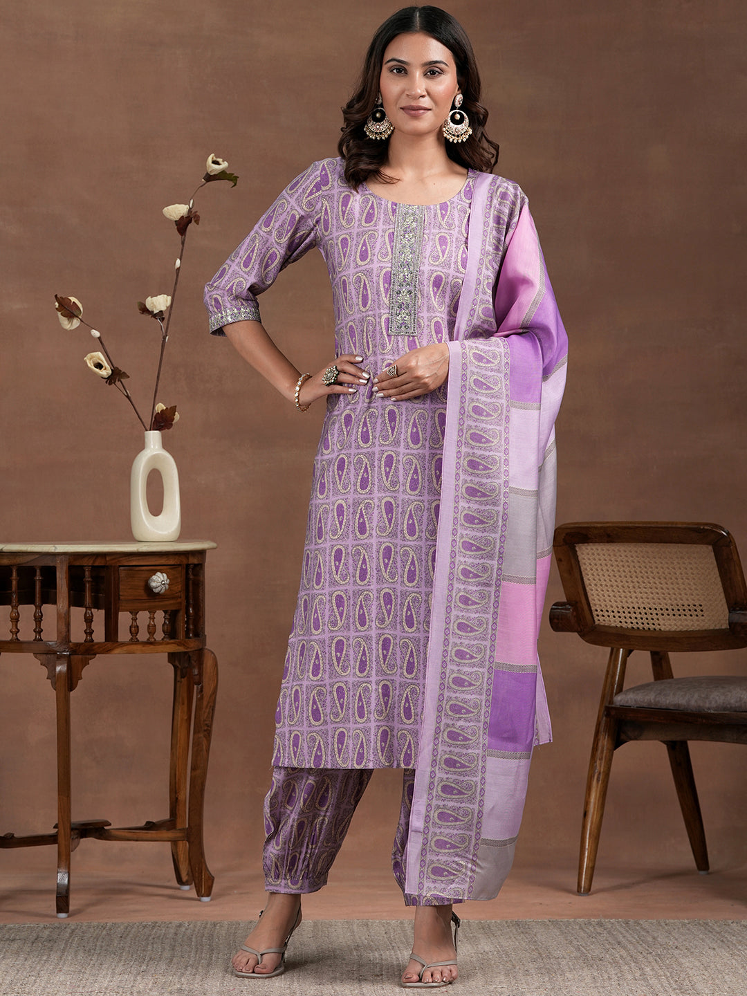 Purple Printed Silk Blend Straight Suit With Dupatta