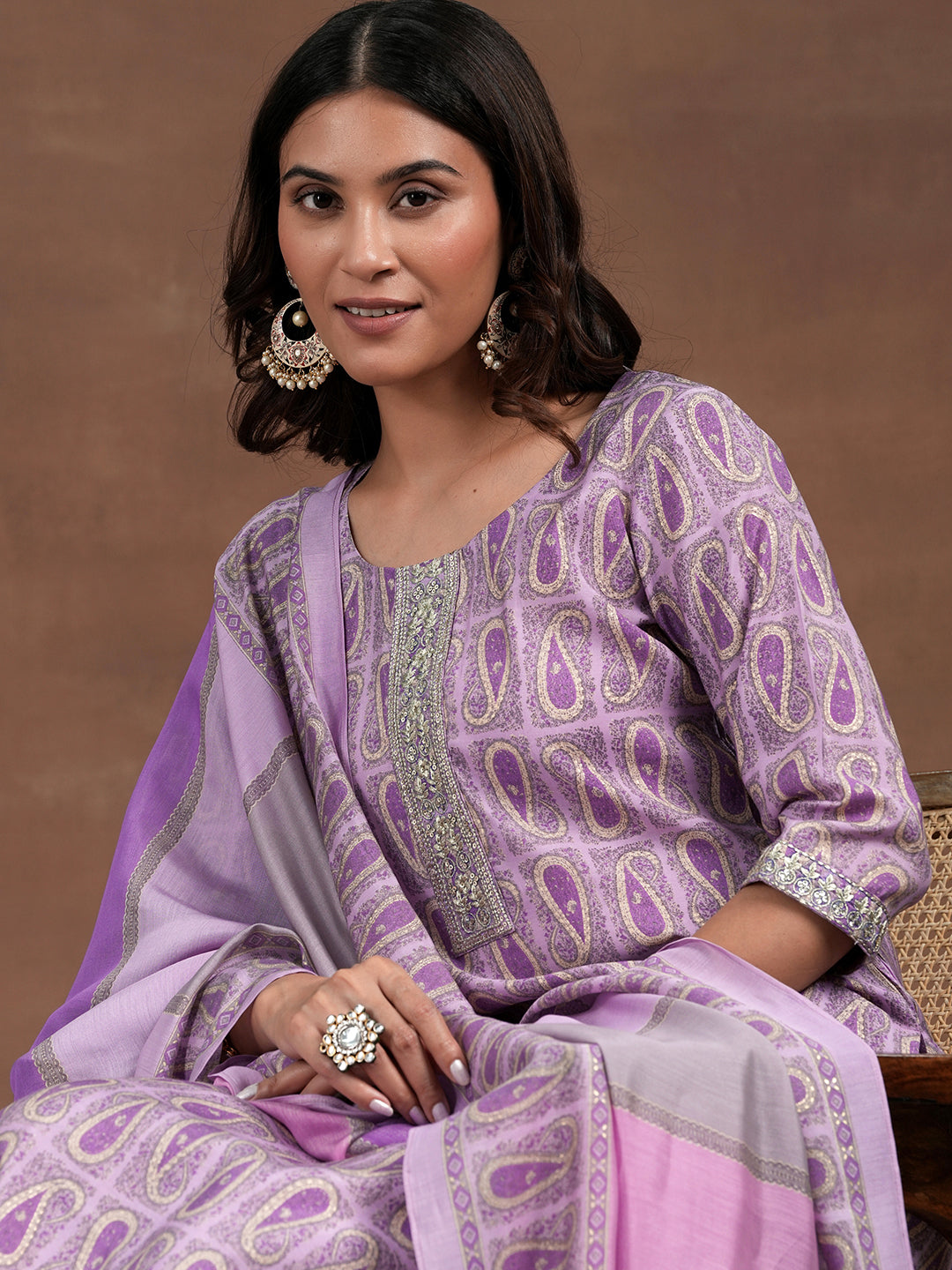 Purple Printed Silk Blend Straight Suit With Dupatta