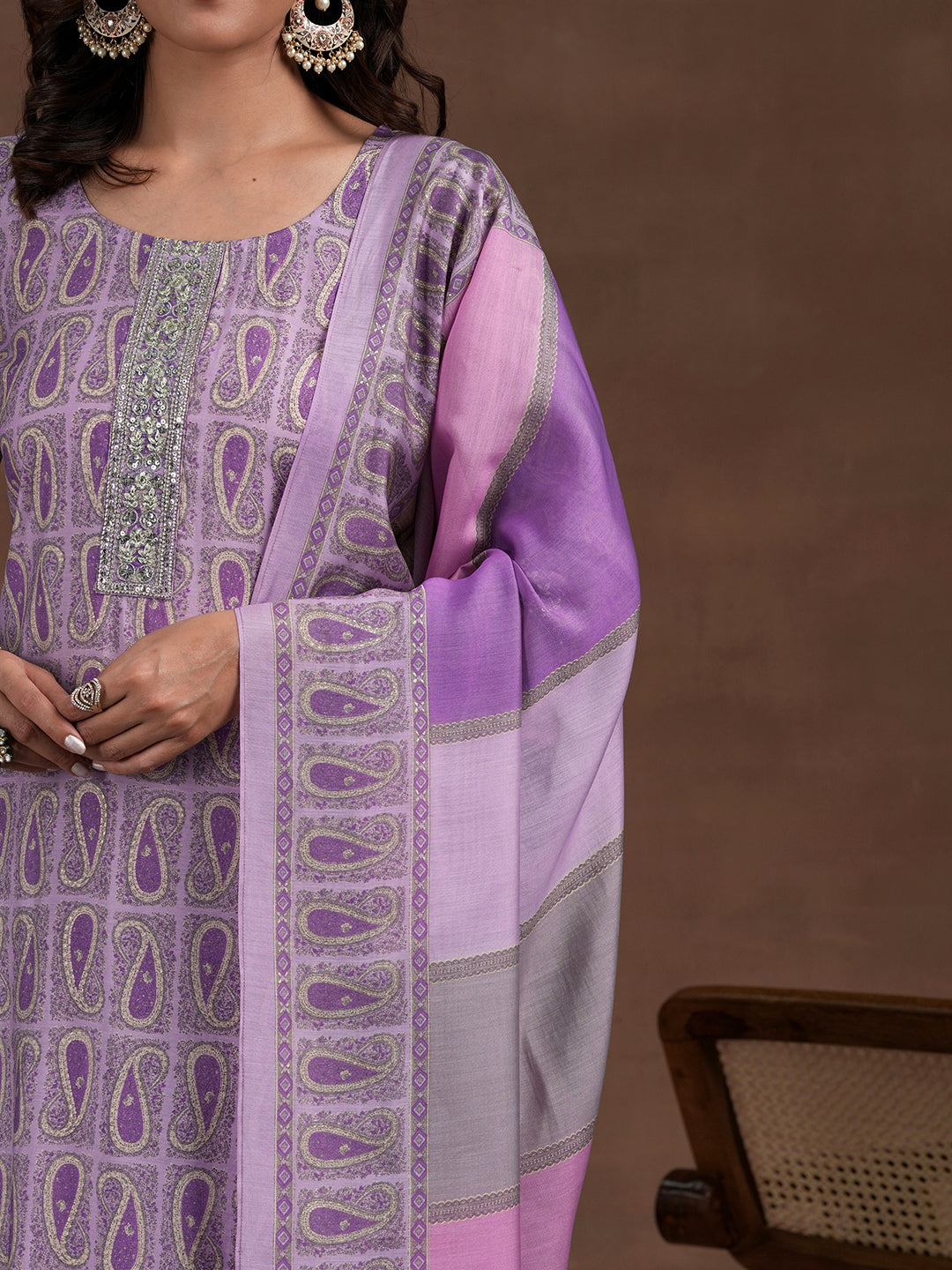 Purple Printed Silk Blend Straight Suit With Dupatta