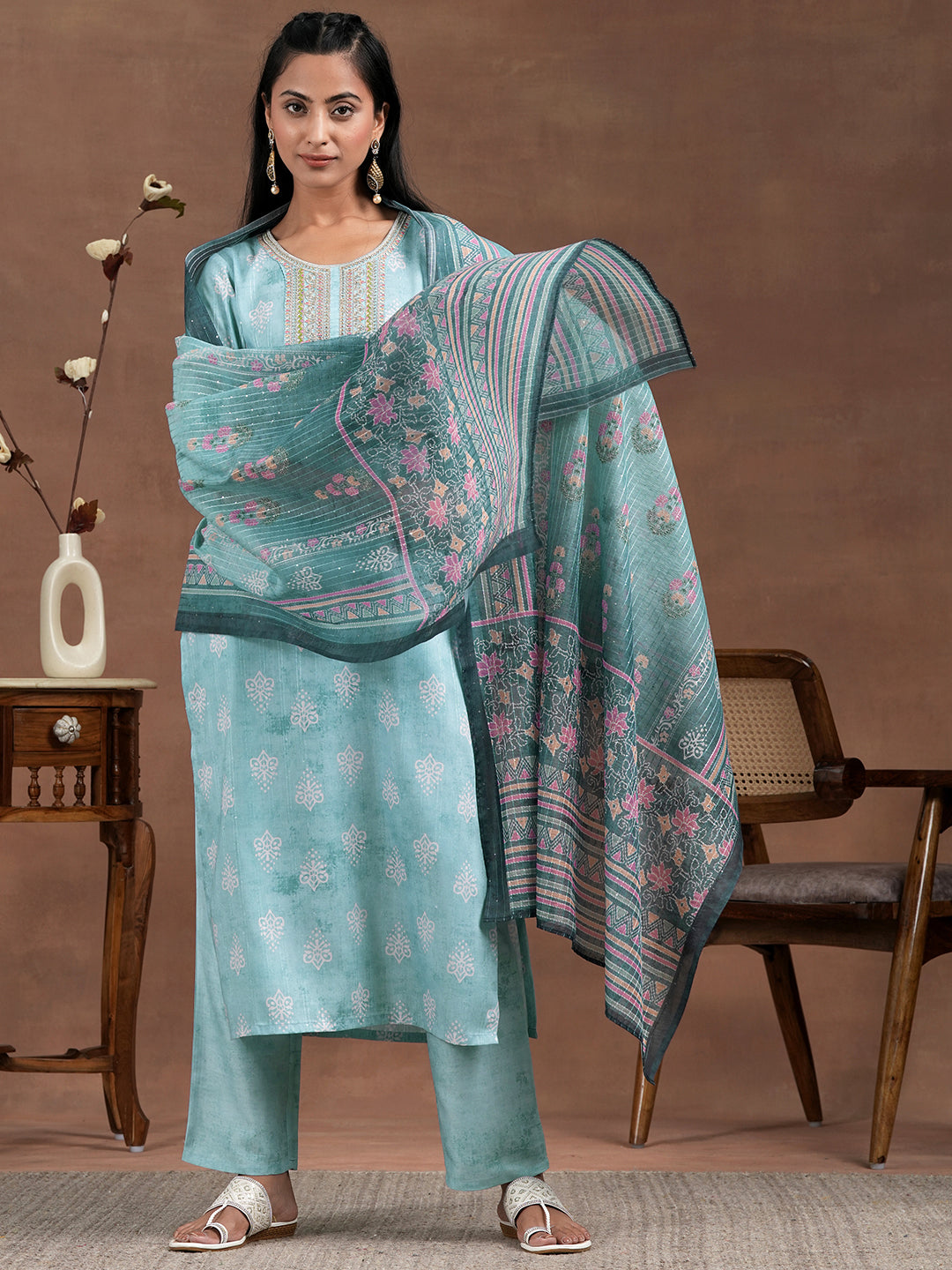 Blue Printed Silk Blend Straight Suit With Dupatta