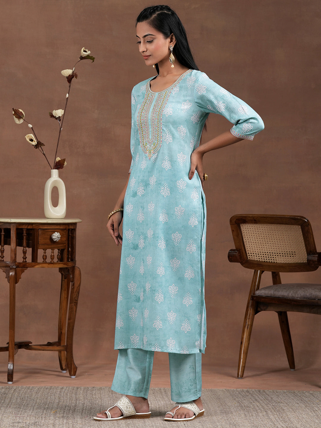 Blue Printed Silk Blend Straight Suit With Dupatta