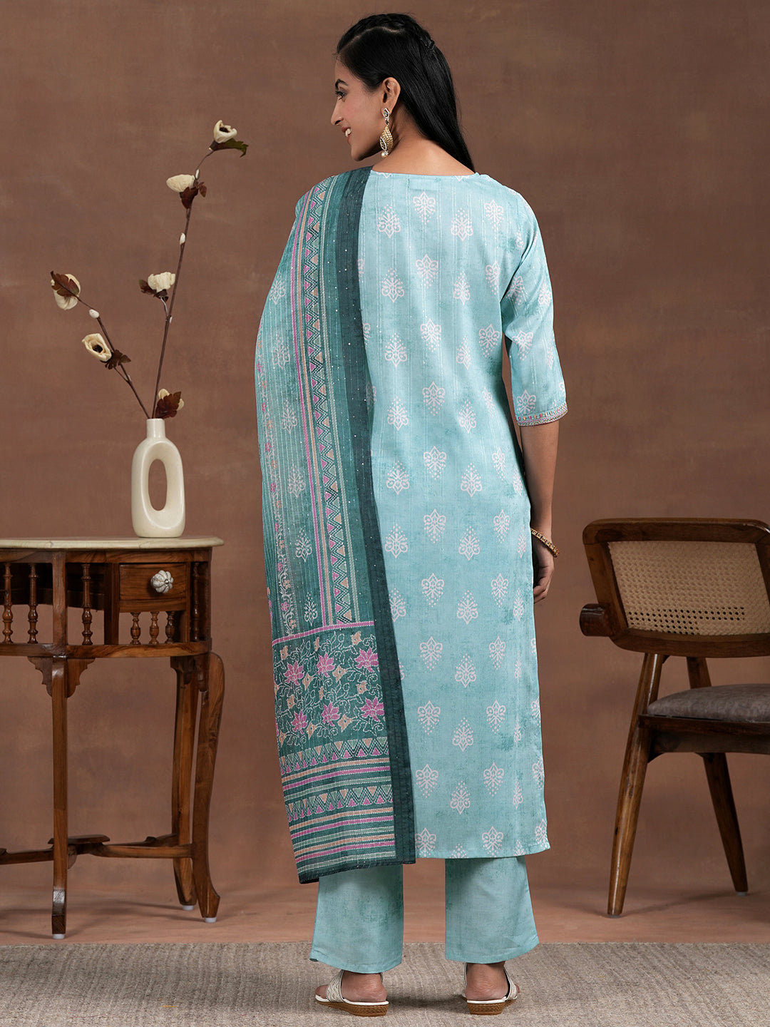 Blue Printed Silk Blend Straight Suit With Dupatta