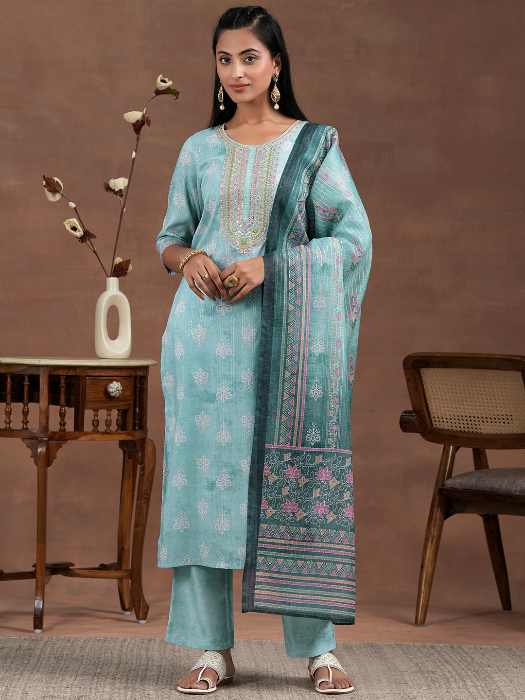 Blue Printed Silk Blend Straight Suit With Dupatta