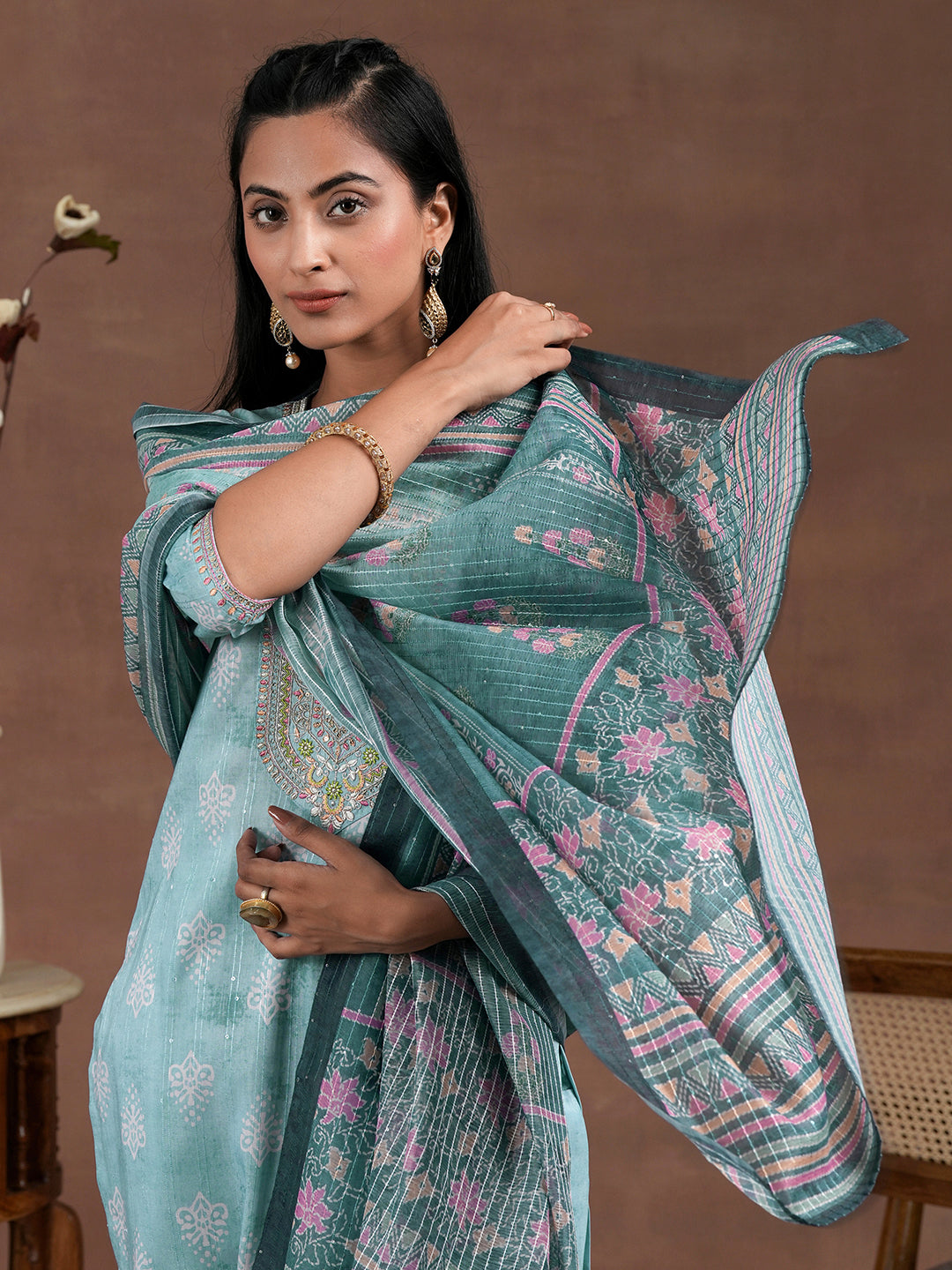 Blue Printed Silk Blend Straight Suit With Dupatta