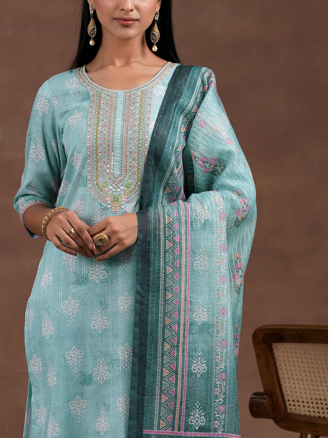 Blue Printed Silk Blend Straight Suit With Dupatta