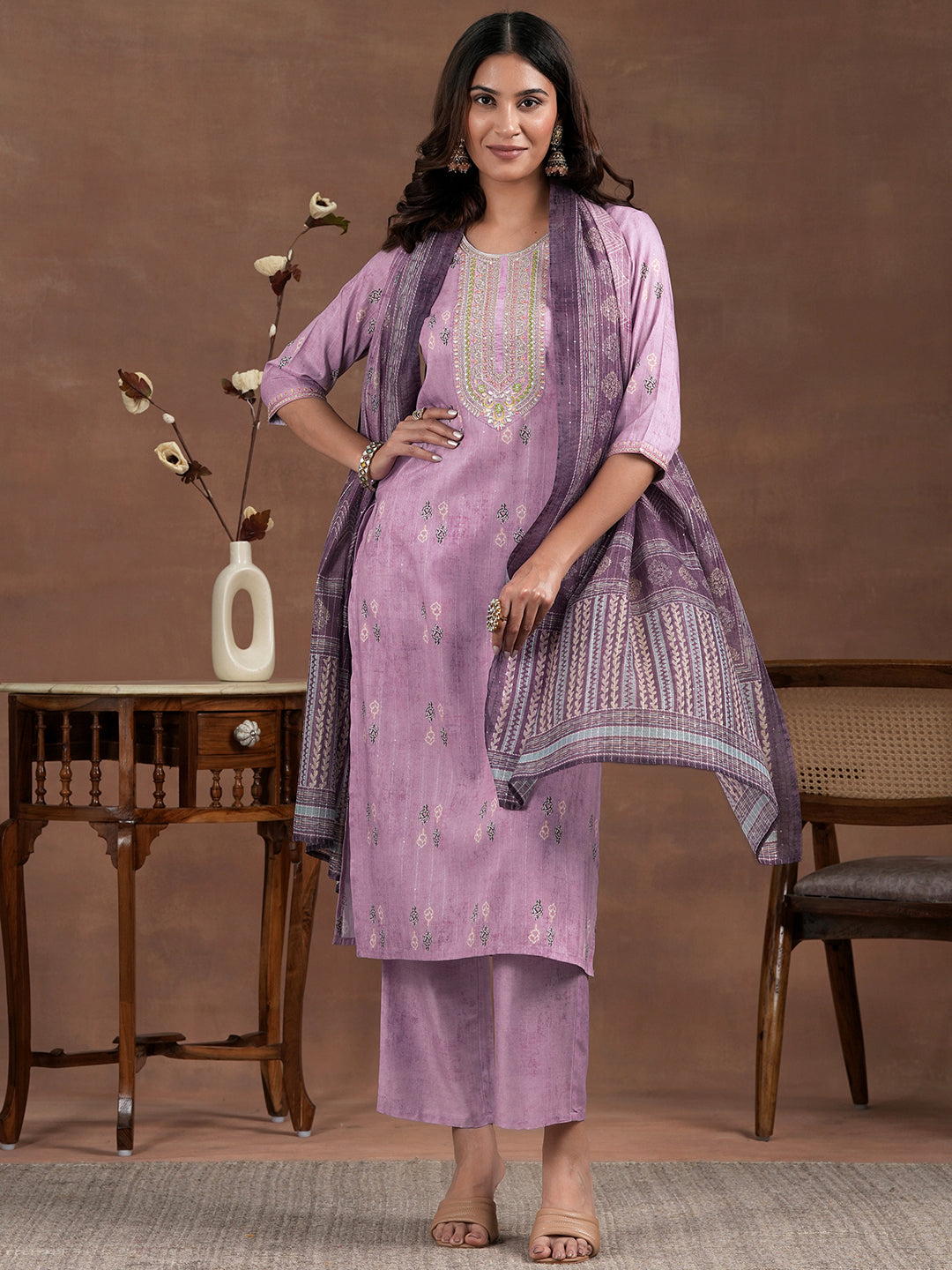 Lavender Printed Silk Blend Straight Suit With Dupatta