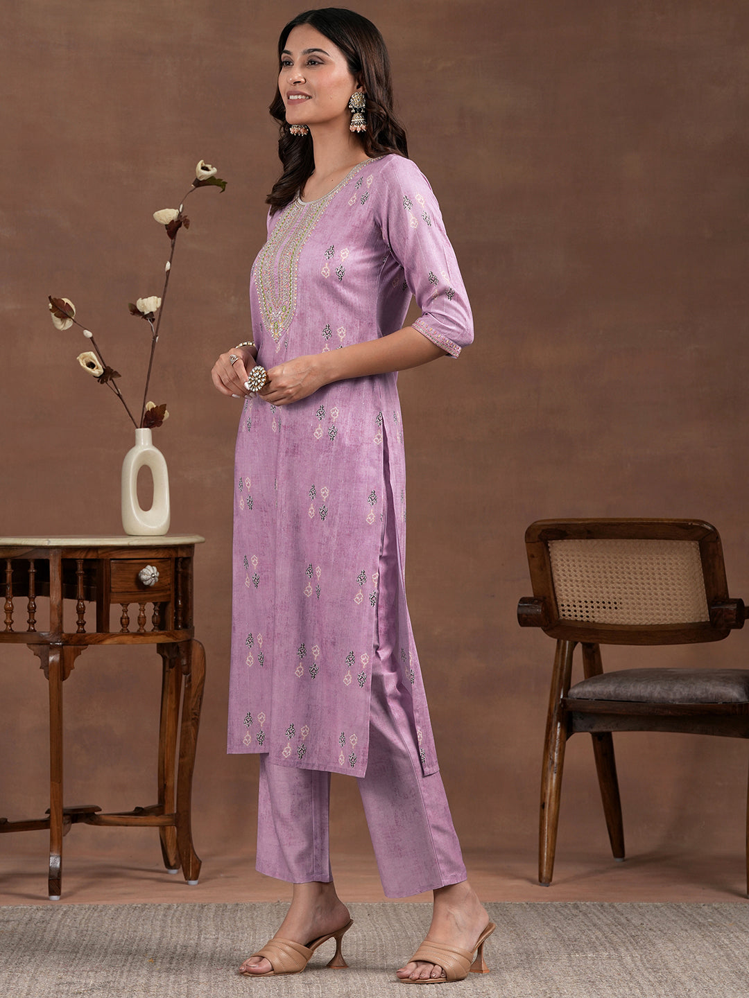 Lavender Printed Silk Blend Straight Suit With Dupatta