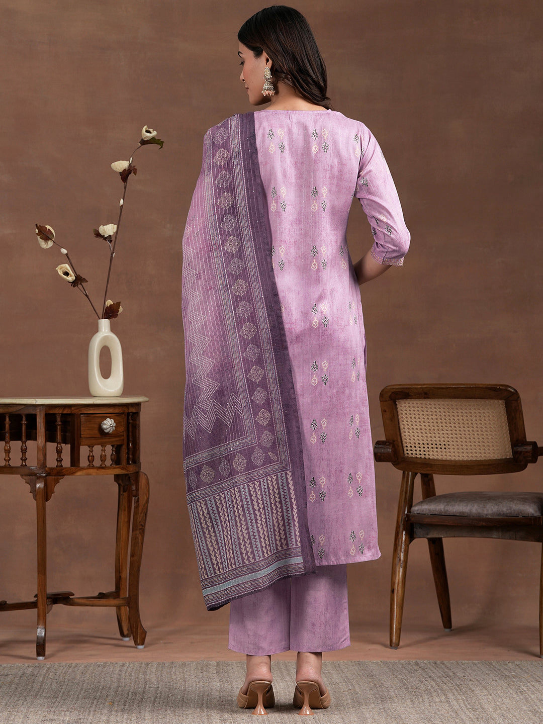 Lavender Printed Silk Blend Straight Suit With Dupatta