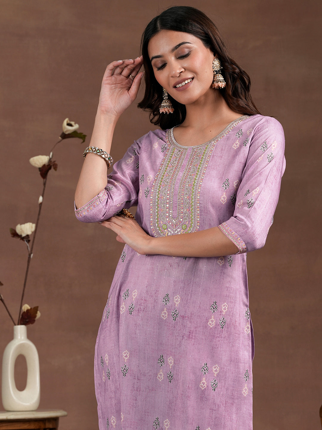 Lavender Printed Silk Blend Straight Suit With Dupatta