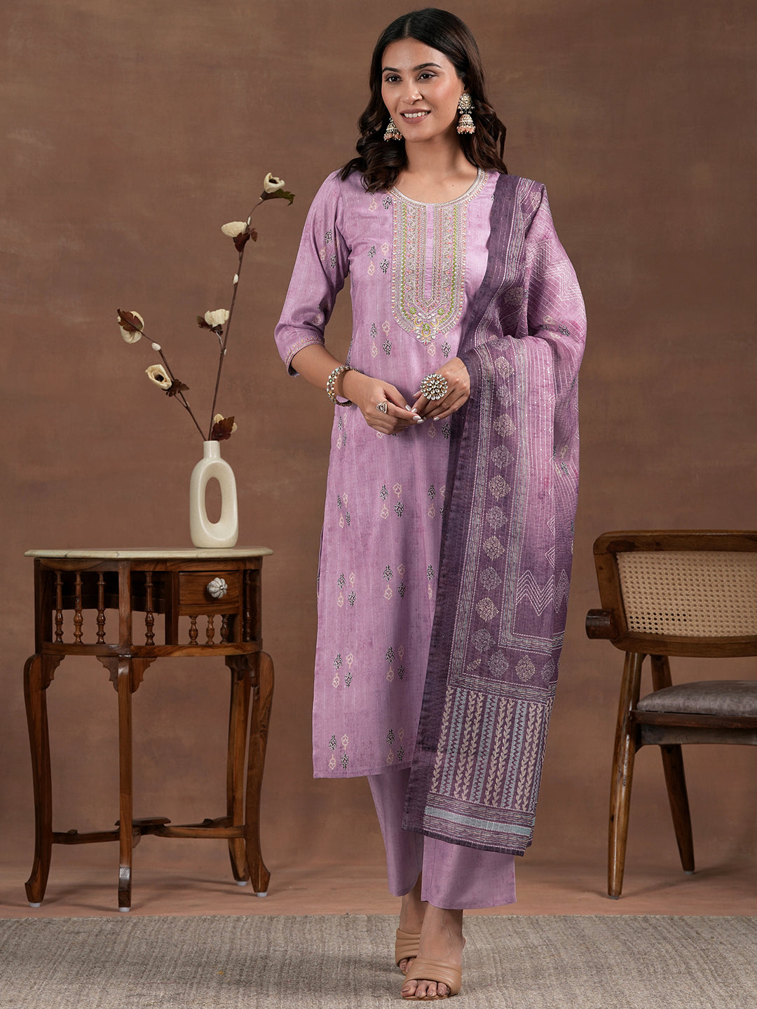 Lavender Printed Silk Blend Straight Suit With Dupatta