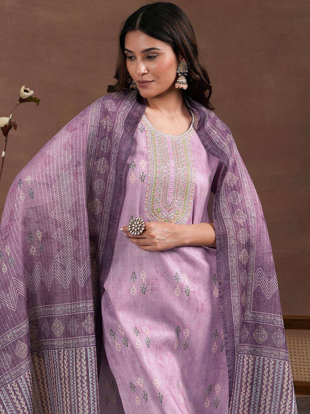 Lavender Printed Silk Blend Straight Suit With Dupatta