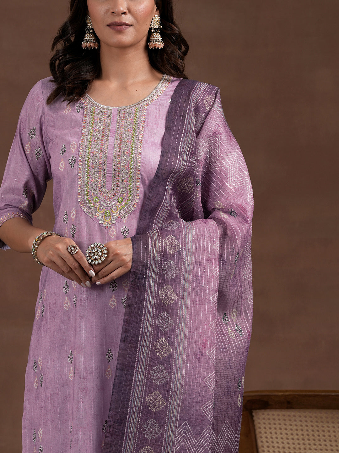 Lavender Printed Silk Blend Straight Suit With Dupatta