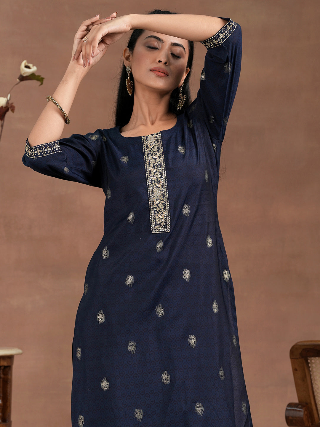 Blue Printed Silk Blend Straight Suit With Dupatta