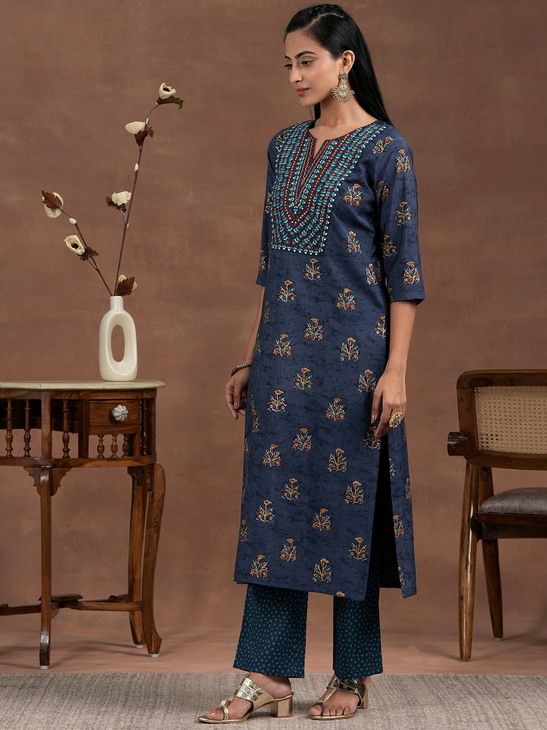 Blue Printed Silk Blend Straight Suit With Dupatta