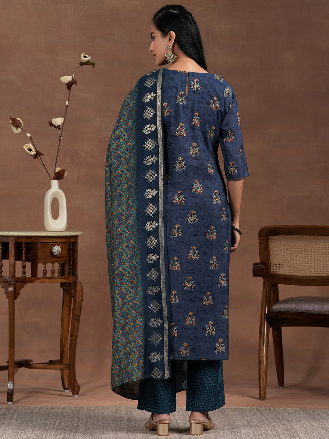 Blue Printed Silk Blend Straight Suit With Dupatta