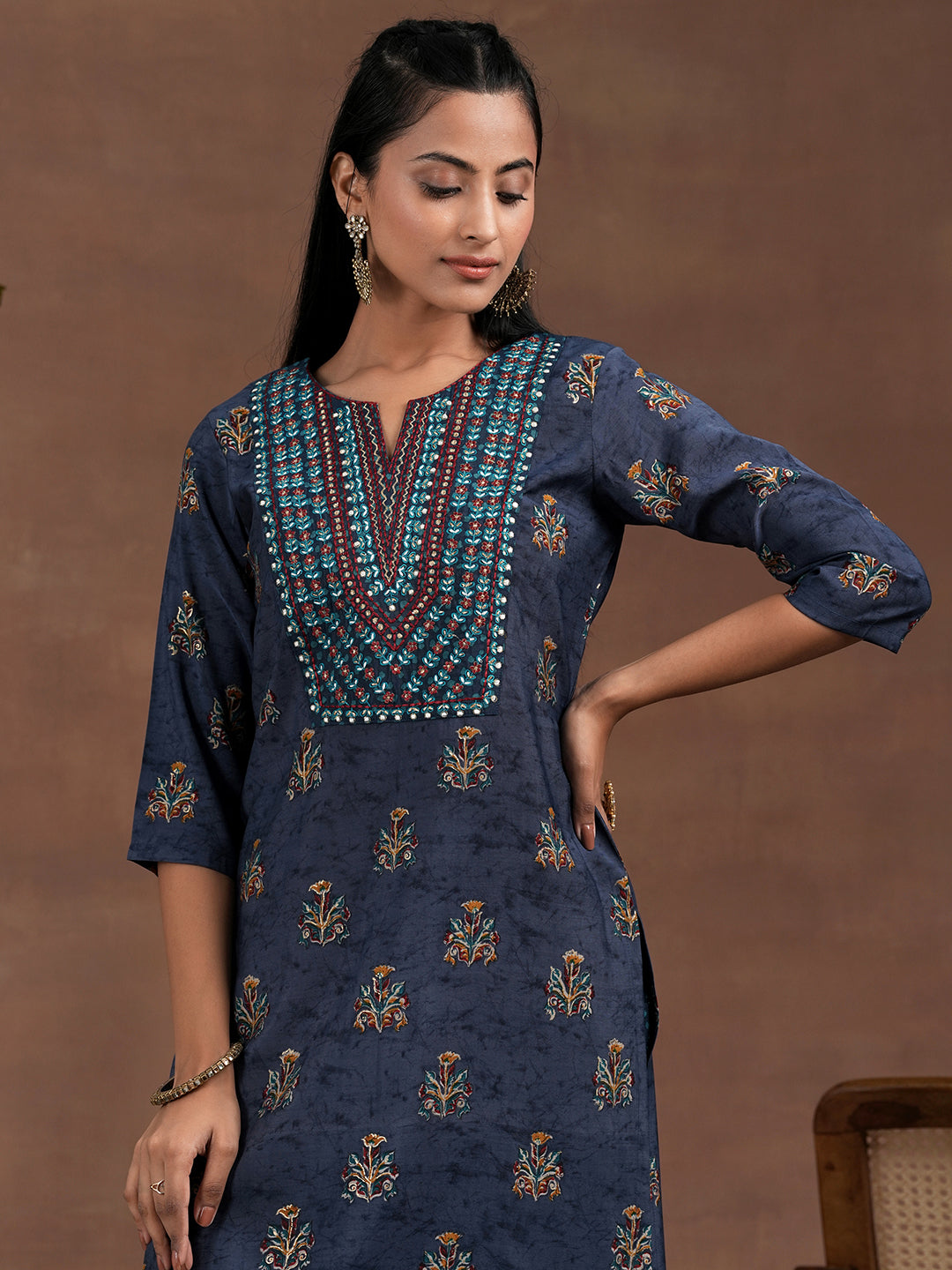 Blue Printed Silk Blend Straight Suit With Dupatta