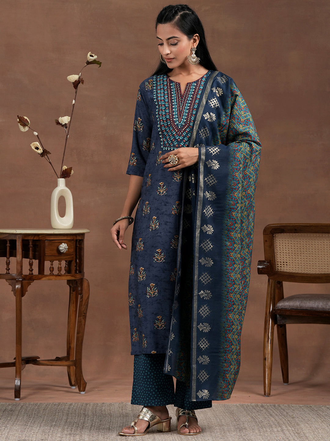 Blue Printed Silk Blend Straight Suit With Dupatta