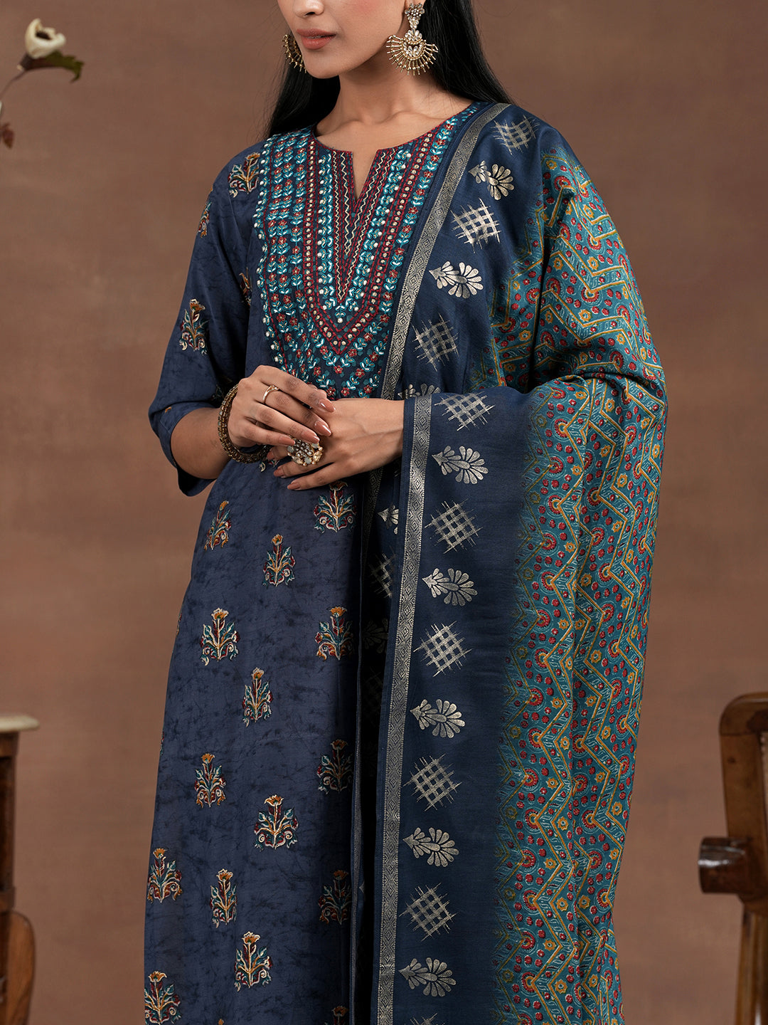 Blue Printed Silk Blend Straight Suit With Dupatta