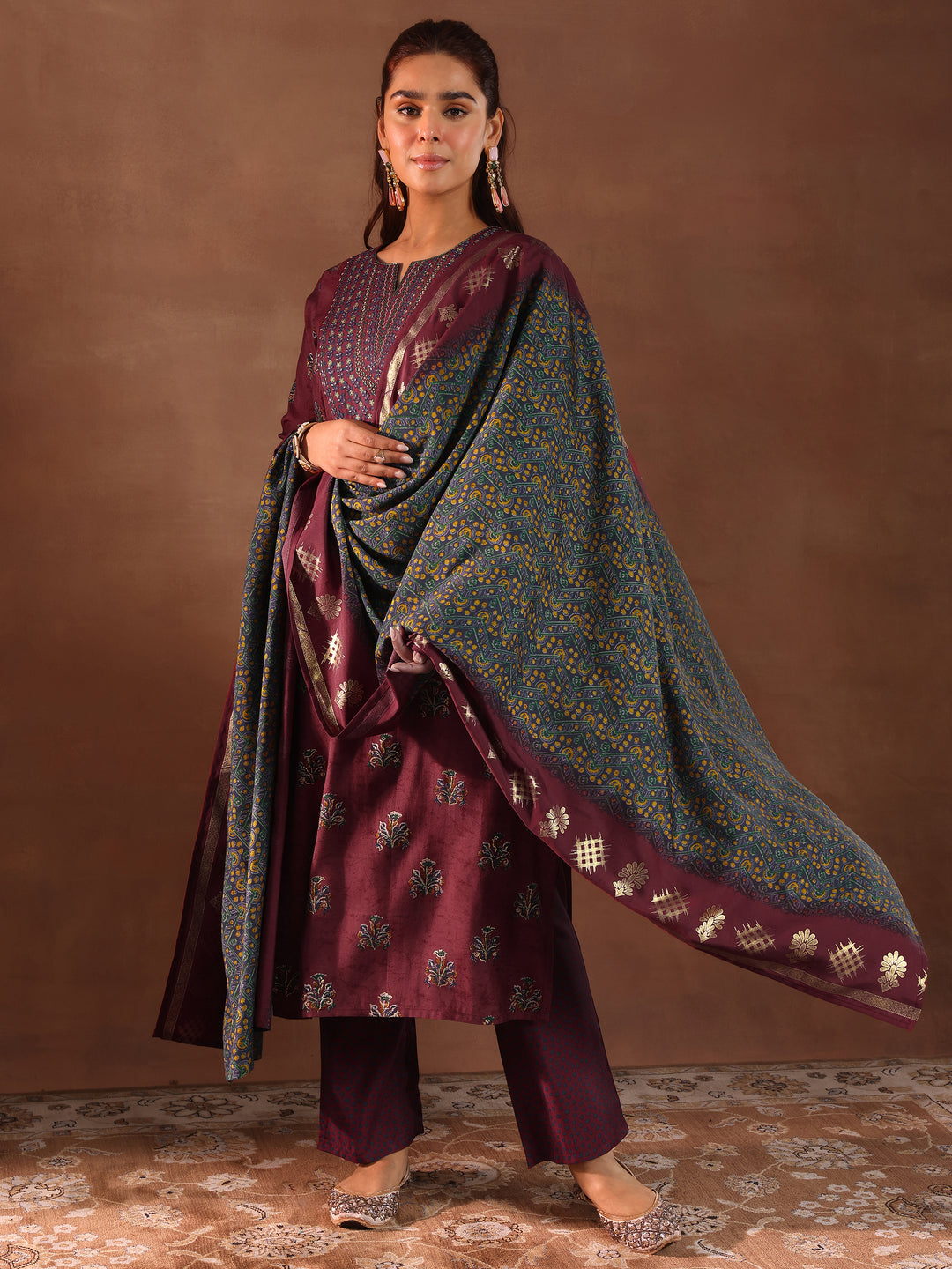 Rust Printed Silk Blend Straight Suit With Dupatta