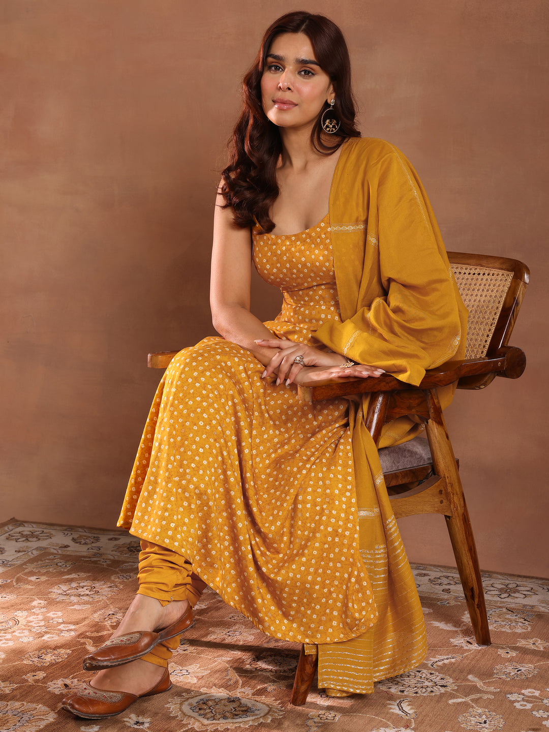 Mustard Printed Silk Blend Anarkali Suit With Dupatta