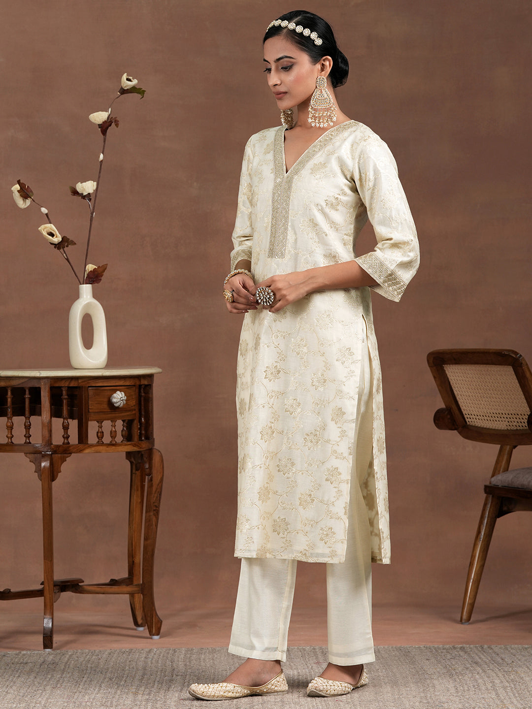 Off White Woven Design Chanderi Silk Straight Suit With Dupatta