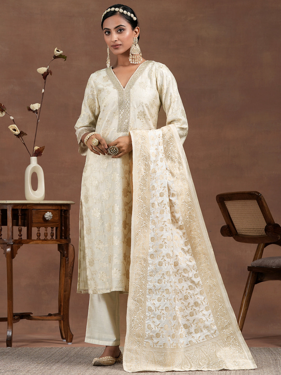 Off White Woven Design Chanderi Silk Straight Suit With Dupatta