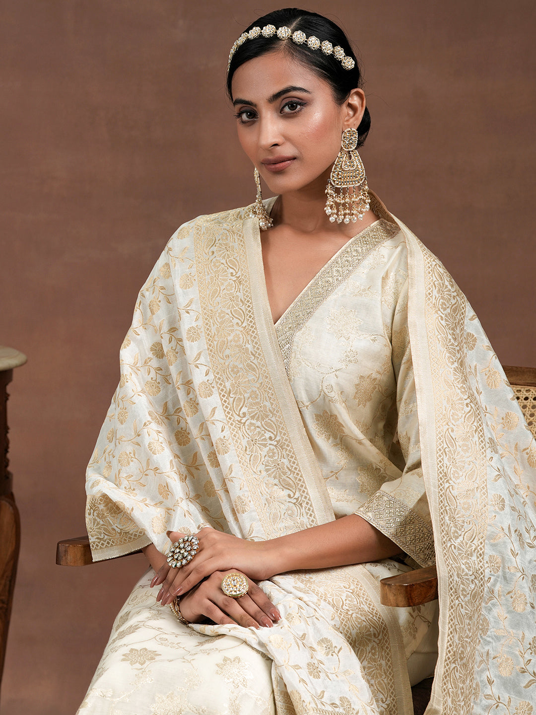 Off White Woven Design Chanderi Silk Straight Suit With Dupatta