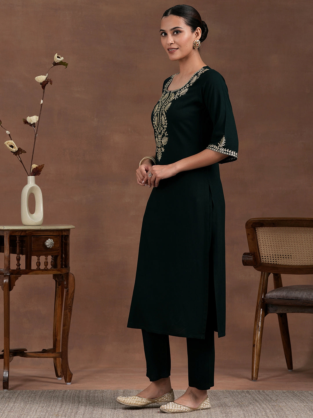 Green Yoke Design Rayon Straight Kurta Set