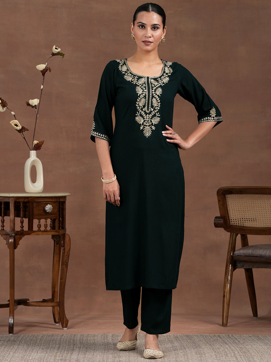 Green Yoke Design Rayon Straight Kurta Set