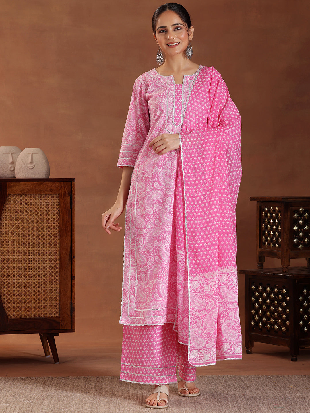 Pink Printed Cotton Straight Suit With Dupatta