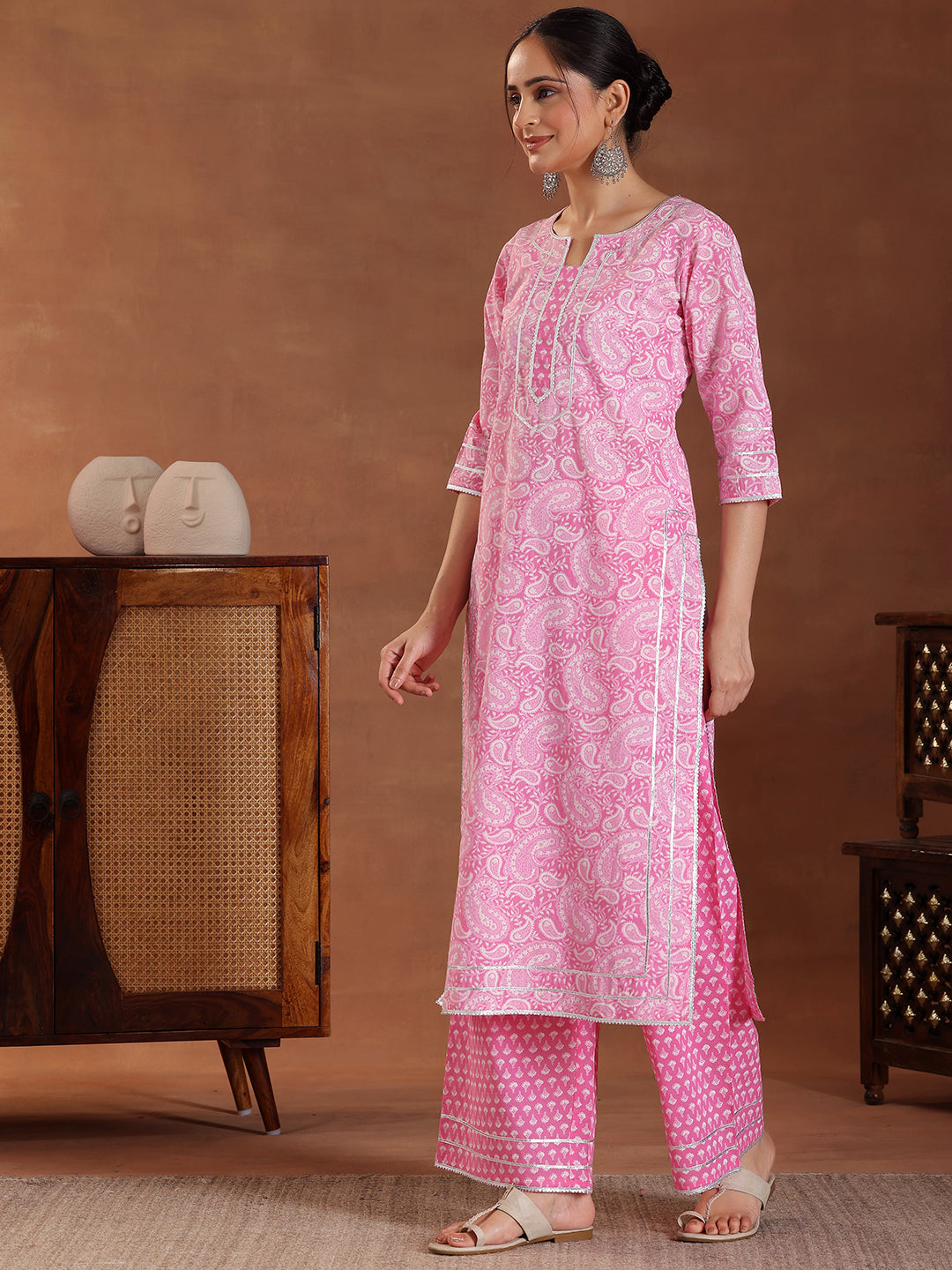 Pink Printed Cotton Straight Suit With Dupatta