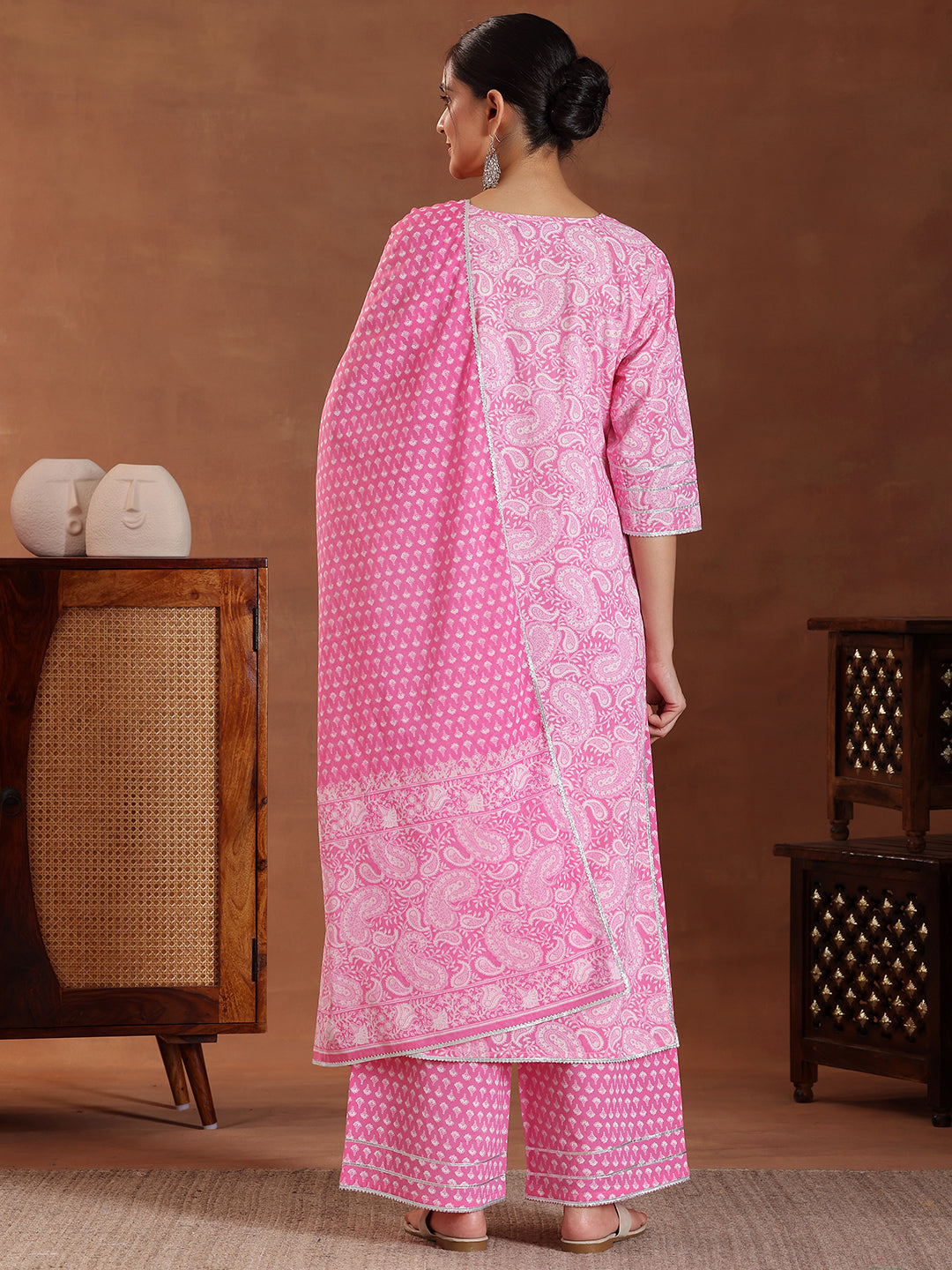 Pink Printed Cotton Straight Suit With Dupatta