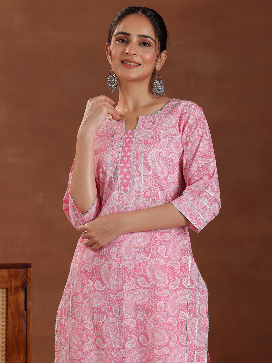 Pink Printed Cotton Straight Suit With Dupatta