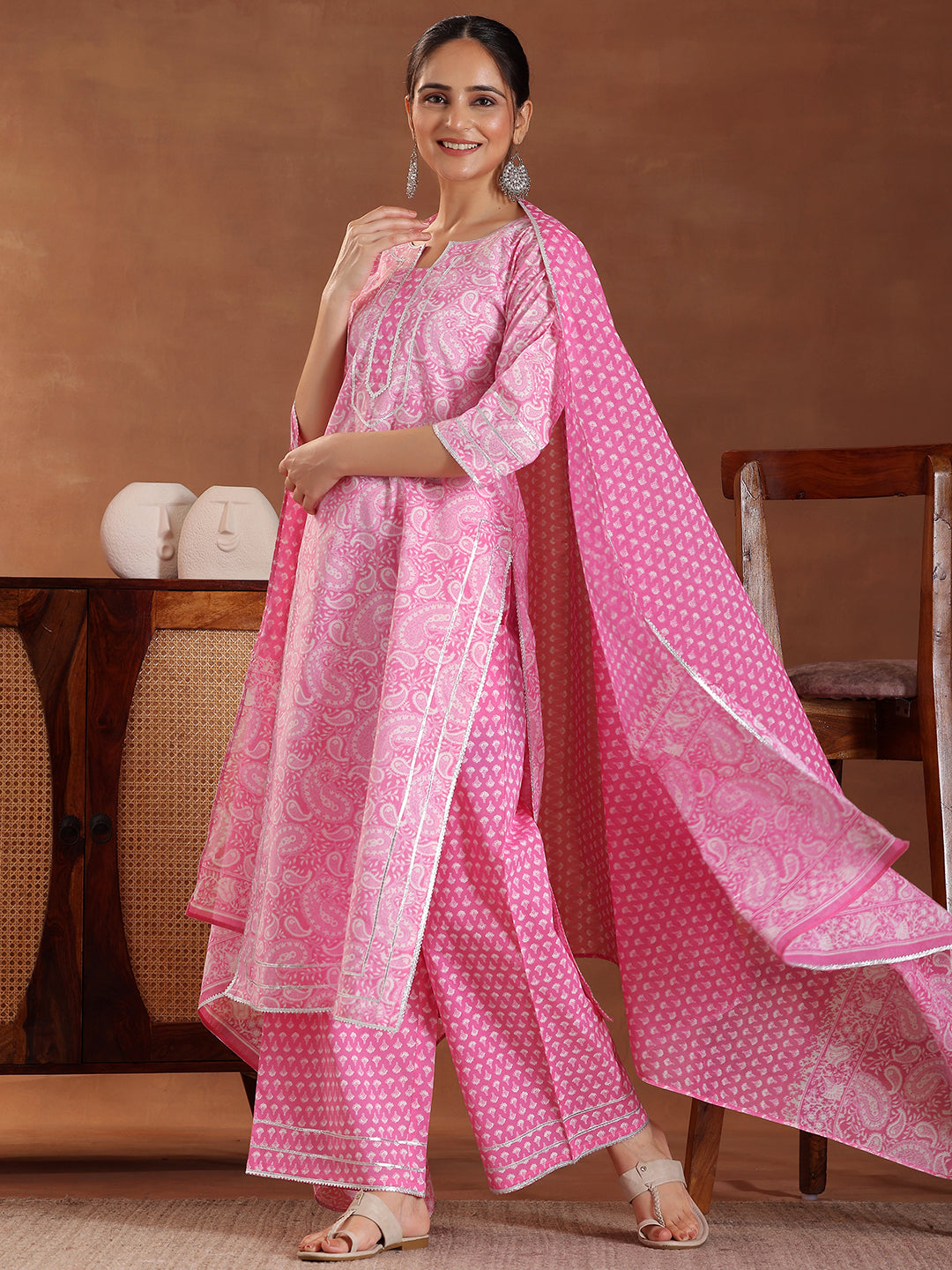 Pink Printed Cotton Straight Suit With Dupatta