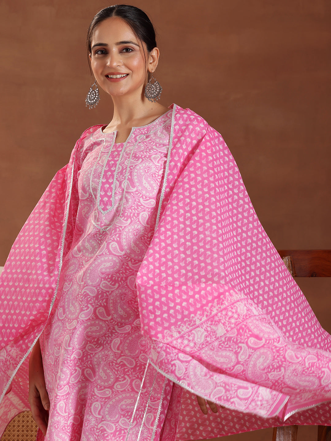 Pink Printed Cotton Straight Suit With Dupatta