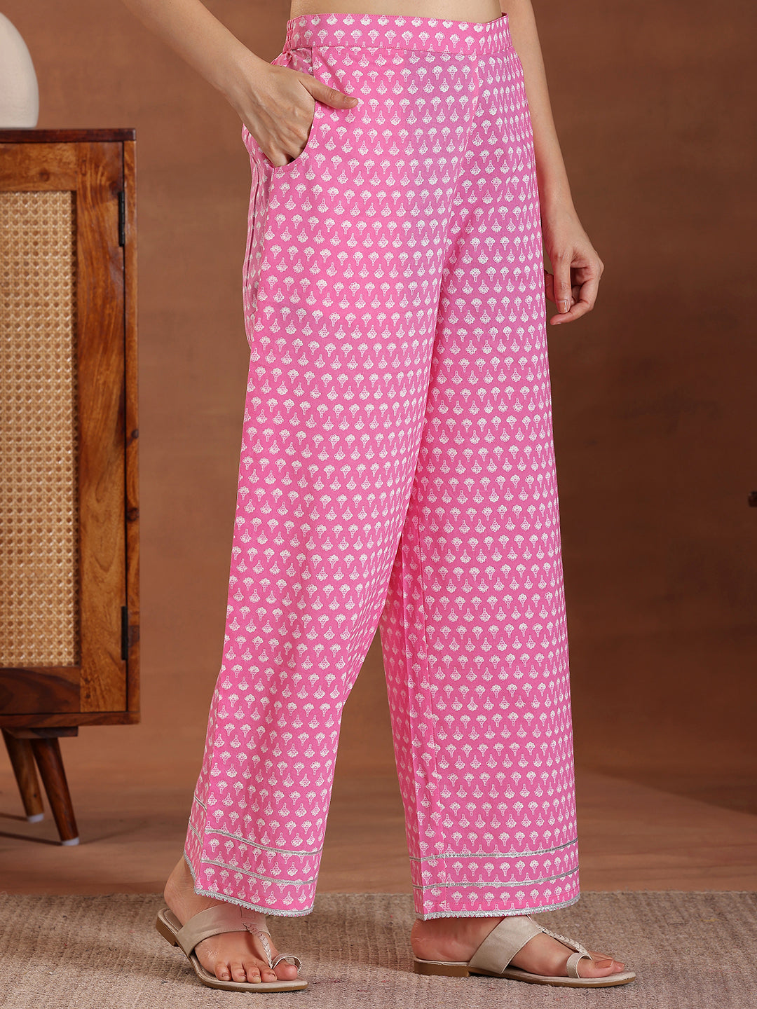 Pink Printed Cotton Straight Suit With Dupatta